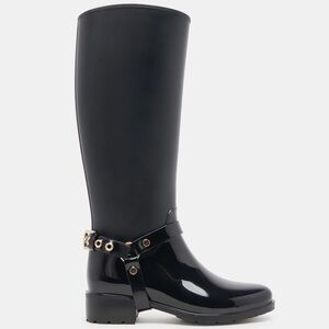 BLACK RAIN BOOTS. Waterproof, knee high, riding boot style, gold ankle buckle